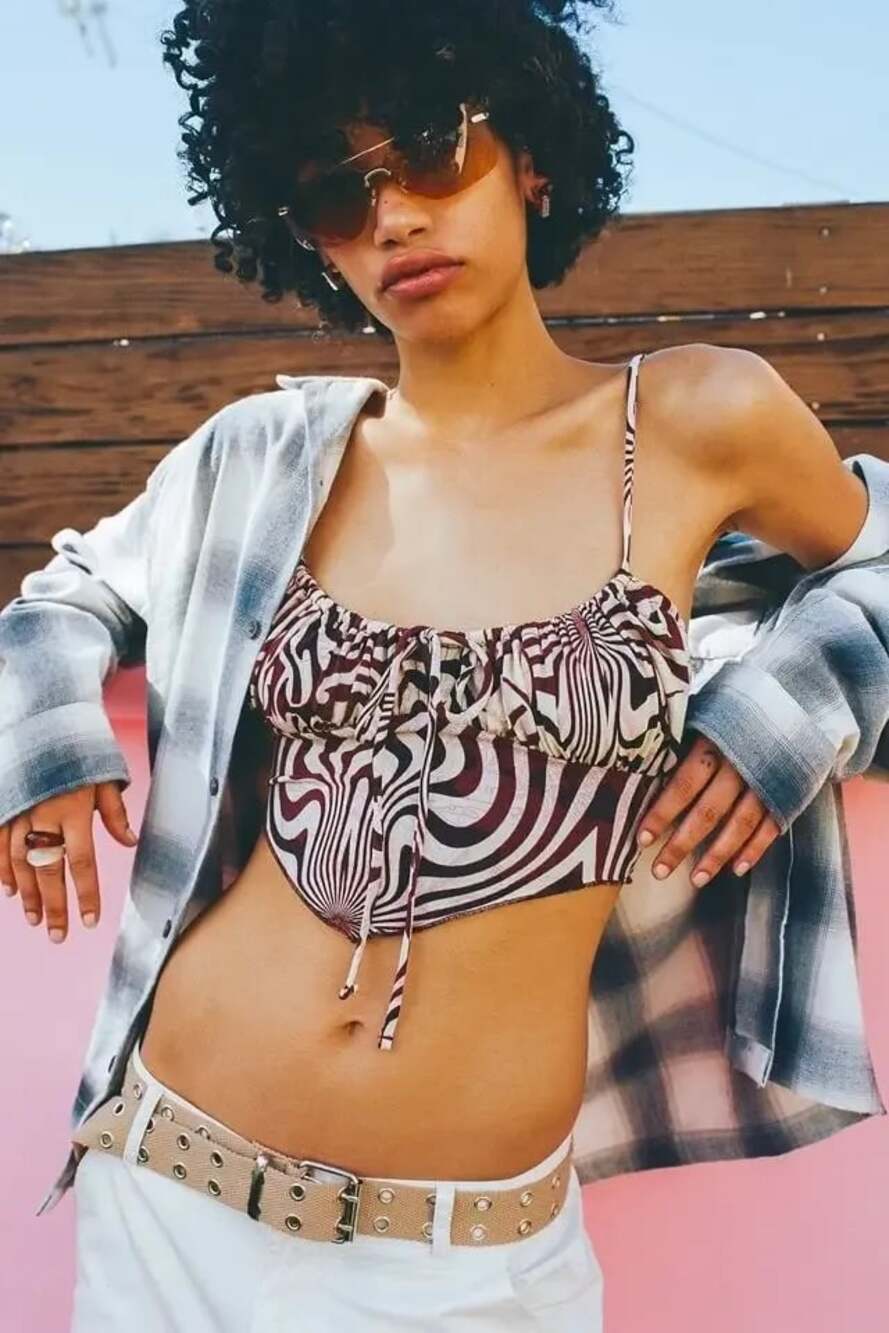 Urban Outfitters Size L Brown Abstract Print Ruched Tie-Front Crop Top